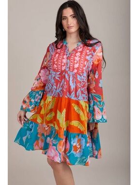 Nu Shuz Key West Vibrant Multicolor Tropical Floral Tiered Flowy Vacation Dress